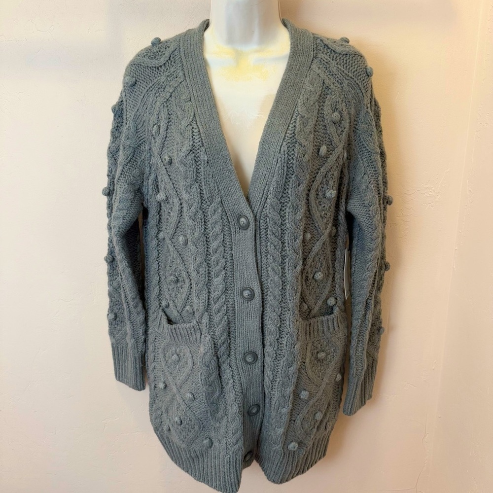 NWT Dex Clothing Women’s Grey Knit Pom Pom Button Front Long Cardigan Sweater S